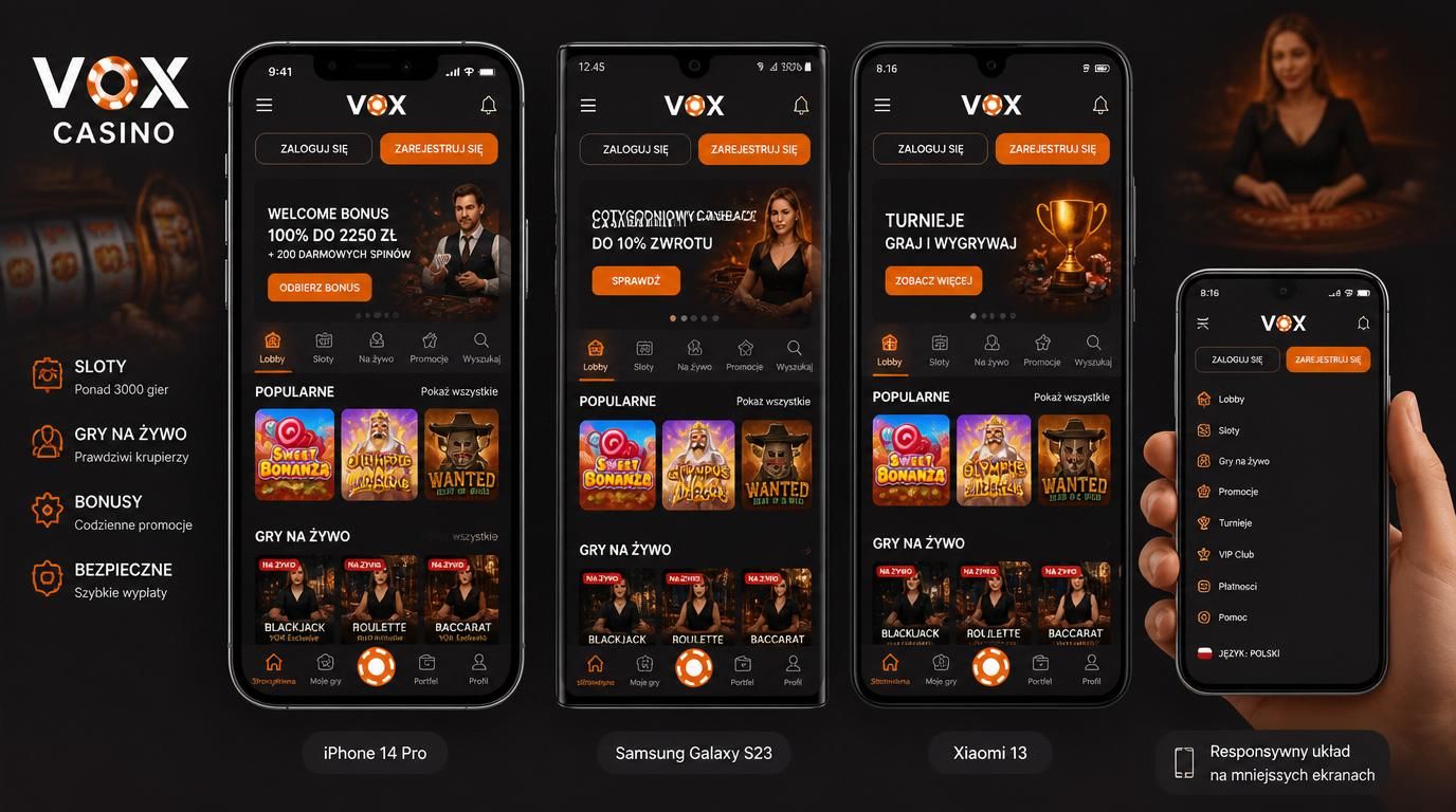 Ekran aplikacji Vox Casino na telefonach różnych marek z responsywnym układem i prostym menu