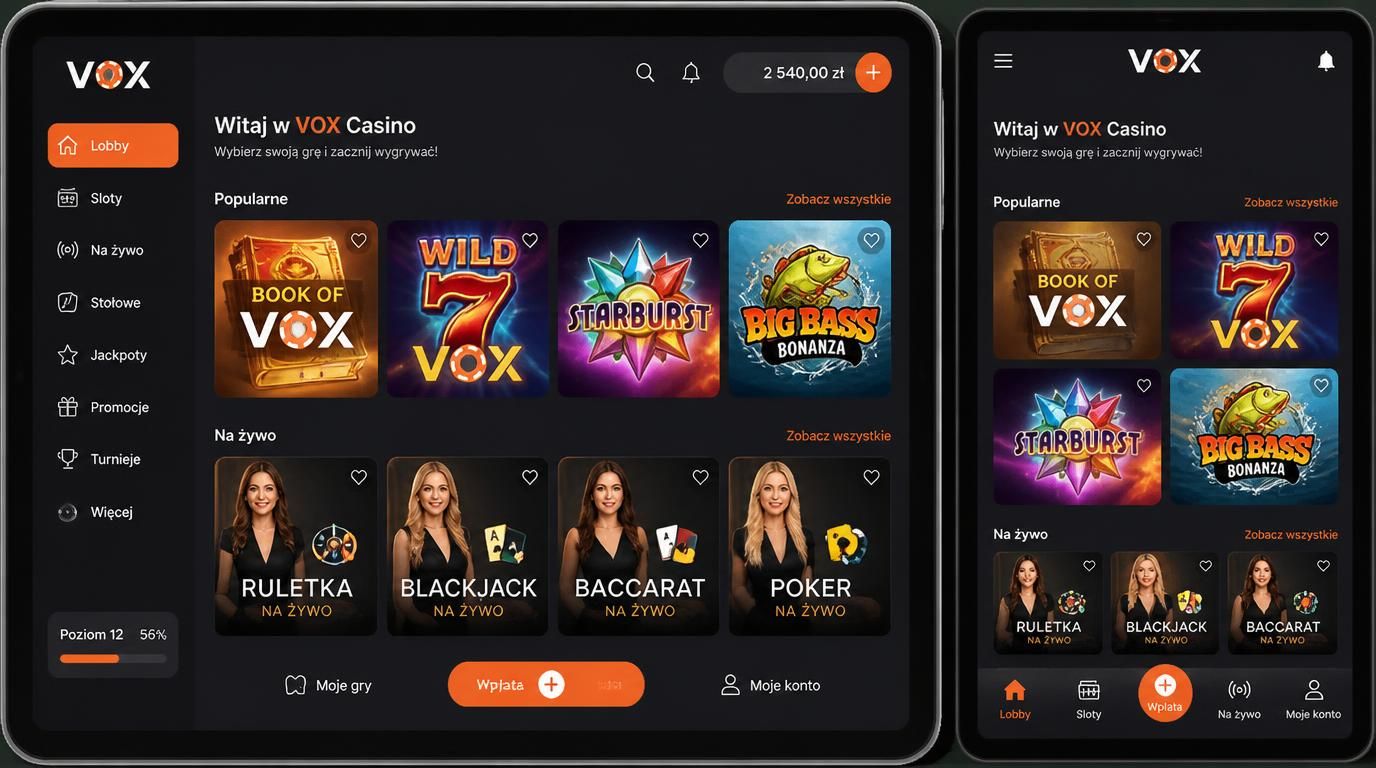 Ekran Vox Casino na tablecie z większymi kafelkami i prostym menu