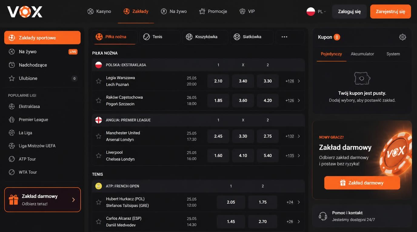 Ekran główny zakładów sportowych w Vox Casino z ofertą dla graczy z Polski.