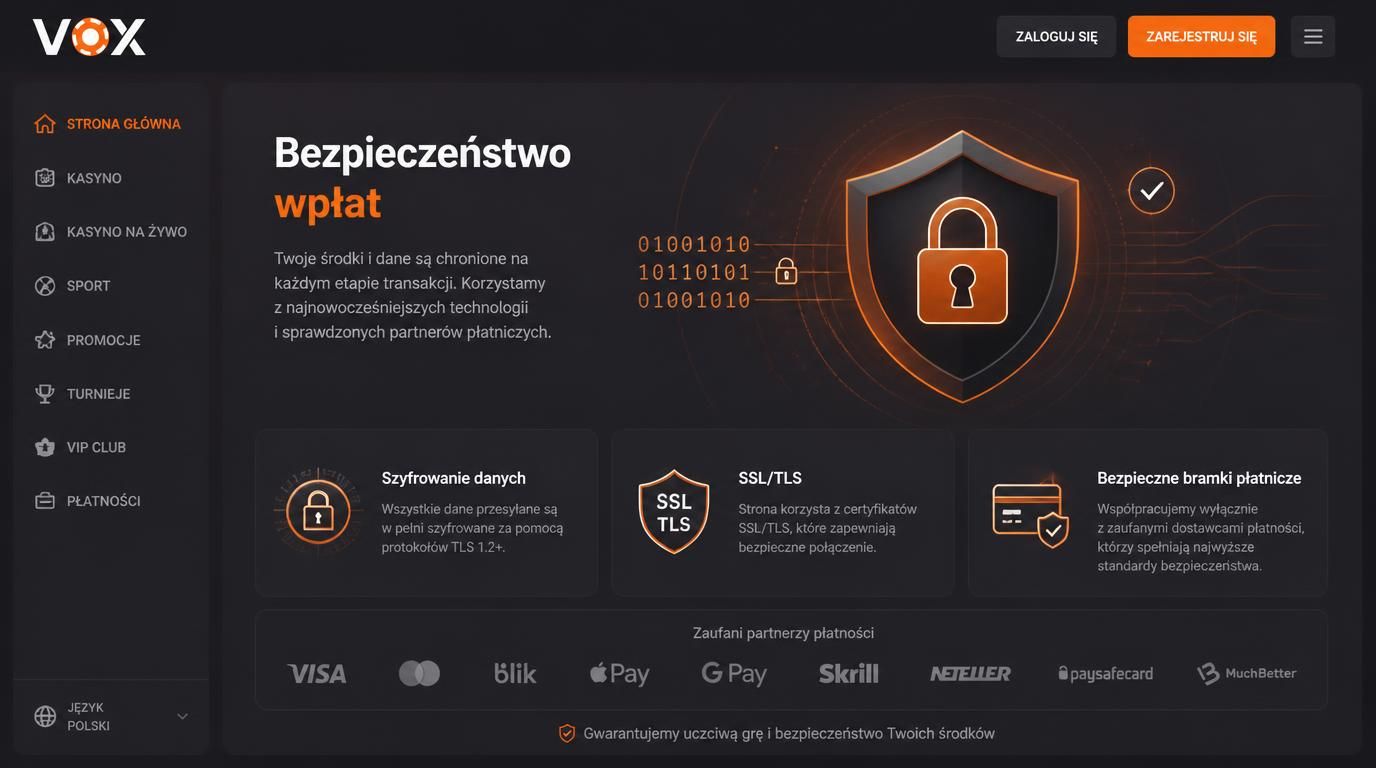 Symbol ochrony danych i bezpiecznych transakcji w Vox Casino
