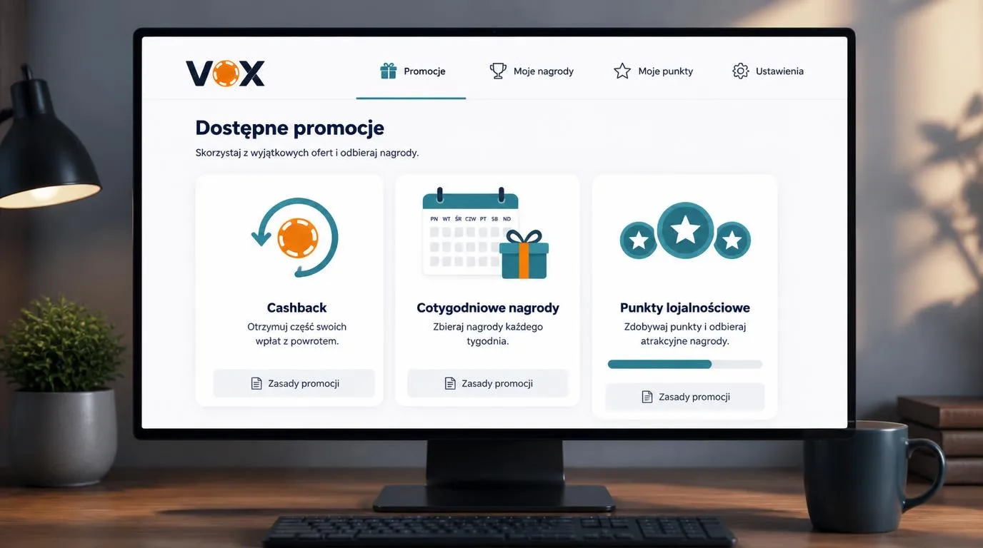 Panel promocji kasyna z kartami cashbacku, nagród tygodniowych i programu punktowego