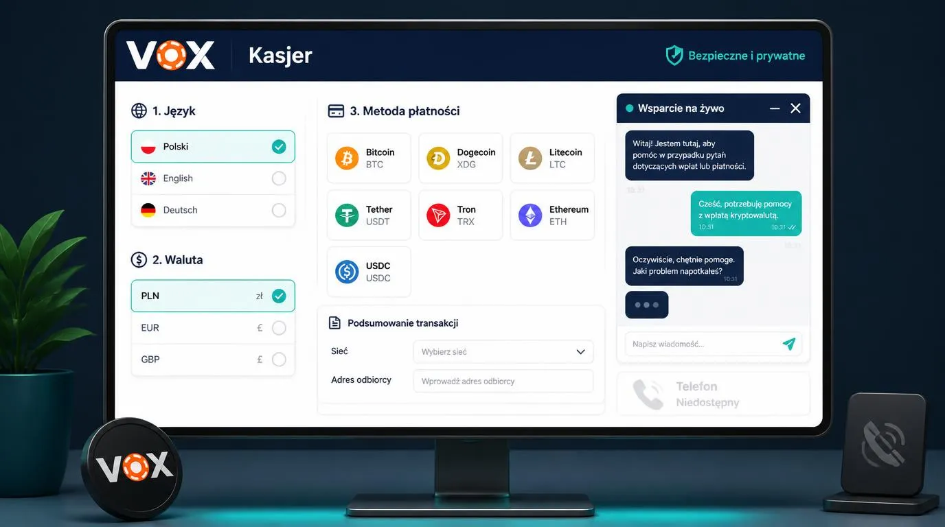 Panel kasy z wyborem języka polskiego, waluty PLN, metod kryptowalutowych i przyciskiem czatu