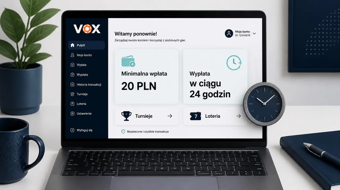 Makieta panelu kasyna z wpłatą 20 PLN, wypłatą w ciągu 24 godzin oraz kafelkami turniejów i loterii